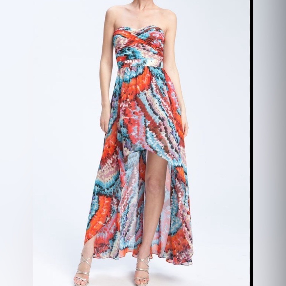 Aidan Mottox | Strapless Orange Print High Low Gown
